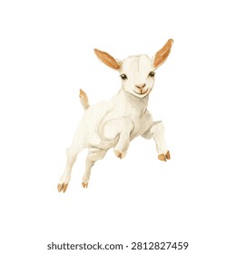 Cute white goat jumping playfully outdoors