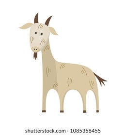 Cute white goat with small horns and beard hand drawn smiling character icon. Farm animal, livestock used for meat. Rural mammal. Vector flat isolated illustration