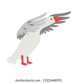 Cute White Goose Cartoon Character Flapping Its Gray Wings Vector Illustration