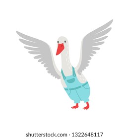 Cute White Goose Cartoon Character Flapping Its Wings Wearing Denim Overalls Vector Illustration