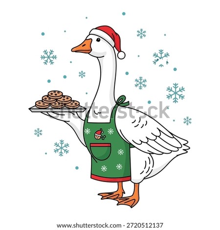Cute white goose chef wearing holiday attire holding baked goods winter snowy scene adorable bird baker cooking treats
