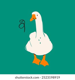 Ganso ou pato branco bonito. Personagem engraçado. Abstrato, peculiar, desenho animado estilo moderno. Desenhado à mão na moda ilustração Vetor. Elemento de design isolado. Ícone, logotipo, modelo de impressão