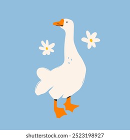 Ganso ou pato branco bonito. Personagem engraçado. Abstrato, peculiar, desenho animado estilo moderno. Desenhado à mão na moda ilustração Vetor. Elemento de design isolado. Ícone, logotipo, modelo de impressão