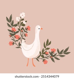 Ganso branco bonito e flores. Composição com ganso e flores silvestres. Ilustração de vetor desenhada à mão.