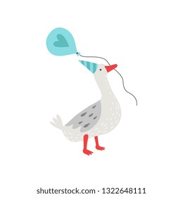  Cute White Goose Holding Balloon in Its Beak, Bird Cartoon Character Wearing Party Hat Vector Illustration 