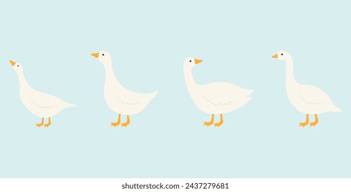 Cute white goose icons set. Vector illustration