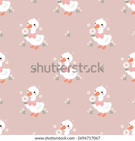 Cute White Goose Seamless Pattern on Pink Background with Daisy Flowers and Green Leaves, Adorable Animal Vector for Kids Fabric, Wallpaper, and Nursery Design