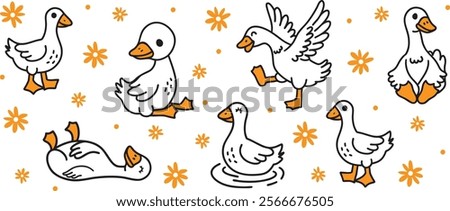 Cute White Goose set illustration. Vector cliparts of domestic birds. Farming