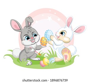 Cute white and gray bunnies paints Easter eggs. Colorful illustration isolated on white background. Cartoon character rabbit easter concept for print, t-shirt, design, sticker and decorating