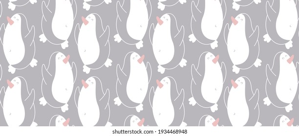 Cute white and gray seamless pattern with dancing penguins. For bedroom of a little boy or girl. For underwear, sliders, T-shirts, bedding, children's and teenage goods and clothing.