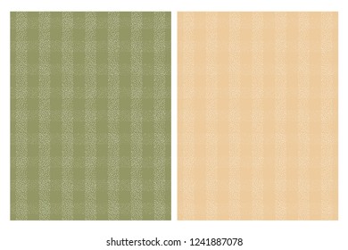 Cute White Grid Vector Patterns. Green and Warm Beige Background. Grid Made of Irregular Dots. Set of 2 Lovely Abstract Backgrounds. 