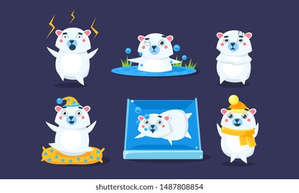 Cute White Guinea Pig Character Set, Funny Cavy in Different Situations Vector Illustration