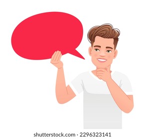 Cute white guy in a blue T-shirt holds an empty red oval speech bubble. The concept of personal opinion. Vector illustration on a white background.