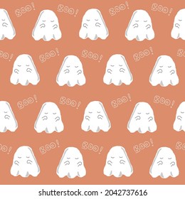 Cute white Halloween ghost pattern saying BOO on orange background.