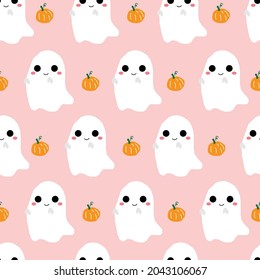 Cute white Halloween ghost with pumpkin, seamless pattern vector illustration. 