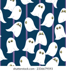 Cute white Halloween ghosts float across a background of Navy blue with purple horizontal stripes creating this seamless repeat pattern design.
