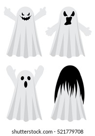 Cute white Halloween ghosts with scary faces.