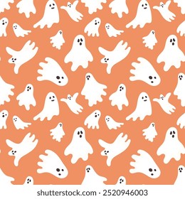 Cute white Halloween ghosts seamless pattern on orange background. Fun halloween ghost surface print for invitations, decor, wrapping paper