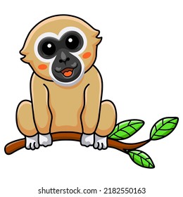 Cute white handed gibbon monkey cartoon on tree