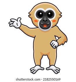 Cute white handed gibbon monkey cartoon waving hand