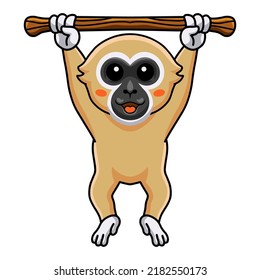 Cute white handed gibbon monkey cartoon hanging on tree