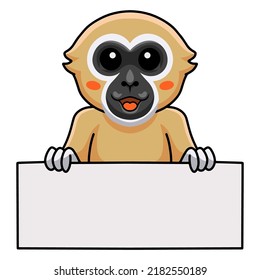 Cute white handed gibbon monkey cartoon holding blank sign