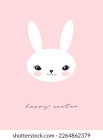 Cute White Happy Rabbit. Hand Drawn Easter Vector Illustration with Funny Bunny and Handwritten Wishes isolated on a Pink Background. Easter Holidays Print with Lovely Rabbit ideal for Card, Greeting.