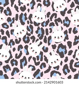 cute white hare animal leopard print, pastel pink cheetah spot wildlife seamless pattern background, fashion firly abstract wrapping paper, fabric and textile purple design, african texture with anime