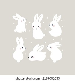 Cuidada liebre blanca, conejo, animales de conejo. Carácter de conejo de bebé en posición diferente