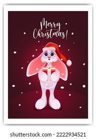 Cute white hare card merry christmas with a gift in hands, snowflakes