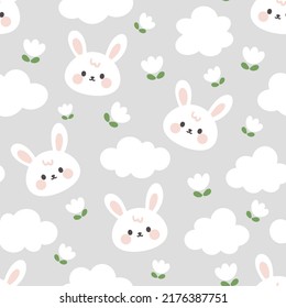 Cute white hare face with clouds and white flowers on a pastel grey background. Kawaii animals kids seamless pattern, fabric and textile print design