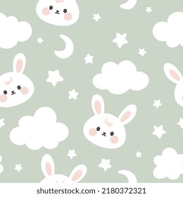 Cute white hare face in the sky with clouds and stars on a pastel green background. Kawaii animals kids seamless pattern, fabric and textile print design