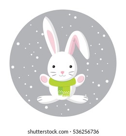 Cute white hare in green scarf. Merry Christmas or Happy New Year greeting card. Winter vector illustration in cartoon style