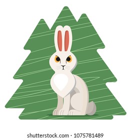 A cute white hare on a forest background. Vector illustration of a small hare for greeting cards.