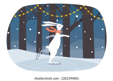 La liebre blanca en un pañuelo rojo patina en el bosque invernal. Patinaje sobre hielo en el parque de Navidad. Ilustración vectorial para niños.