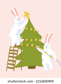 cute white hares decorate the Christmas tree. symbol of the year. hand drawn new year 2023 illustration in pastel colors