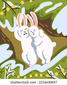 cute white hares sleep in winter hugging under a Christmas tree decorated with a garland. christmas hand drawn illustration