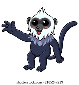 Cute white headed langur cartoon waving hand