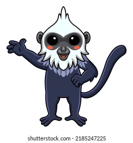 Cute white headed langur cartoon waving hand