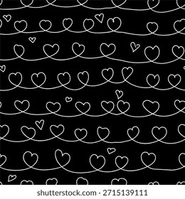 Corações brancos bonitos, padrão perfeito. Ilustração vetorial. Corações do Dia dos Namorados isolados sobre um fundo preto. Adequado para impressão em têxteis, papel scrapbooking, capas e cartões.