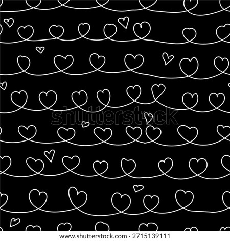 Cute white hearts, seamless pattern. Vector illustration. Valentine's Day hearts isolated on a black background. Suitable for printing on textiles, scrapbooking paper, covers, and cards.