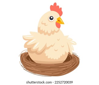 a cute white hen sits in a nest and waits for chicks. incubate bird eggs. flat vector illustration.