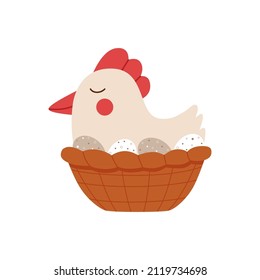 Cute white hen sitting on eggs. Funny vector illustration drawn in cartoon style and isolated on white background