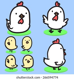 Cute White Hens and Chick On glass field with Blue Background Set  