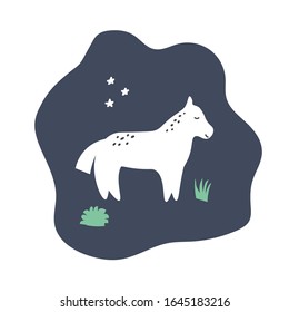 Cute white horse with black spots. Green grass and stars on dark background. Lovely pony. Vector cartoon illustration