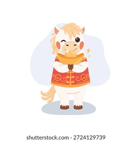 bonito cavalo branco piscando enquanto segurando um lingote de ouro comemorando o ano novo chinês