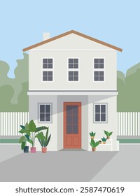 Cute white house with a fence on the background of the forest. Vector flat illustration.