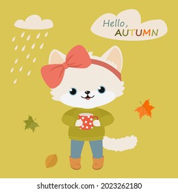Cute white kawaii cat with cup. Greeting card Hello, Autumn. Cartoon flat style. Vector illustration