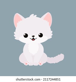 Cute white kawaii cat sitting isolated on white background. Vector illustration. Cartoon flat style