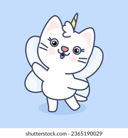 Cute white kawaii cat with unicorn horn and wings